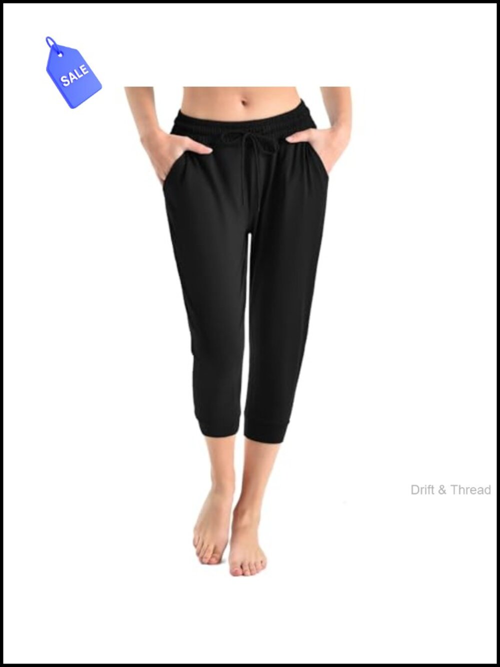 Cropped Joggers with Pockets Women High Rise Drawstring, Polyester Spandex